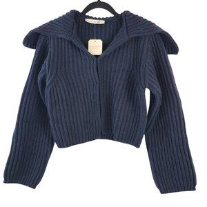 NWT Altar'd State Navy Ribbed Knit Cropped Cardigan Hook Closures & Hood Sz S